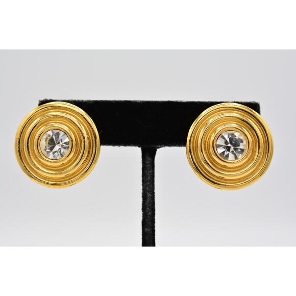 Givenchy Vintage Crystal Clip On Earrings Round Rhinestone Gold Runway Signed 9D - Picture 1 of 13